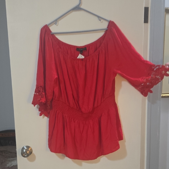 Lane Bryant Tops - Lane Bryant Vibrant Red Blouse with Lace Sleeves